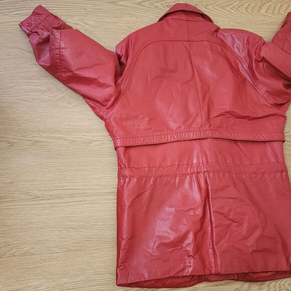 Wilson Red Leather Jacket Womens Size Medium Two Button Waistband Tie READ - Picture 4 of 15